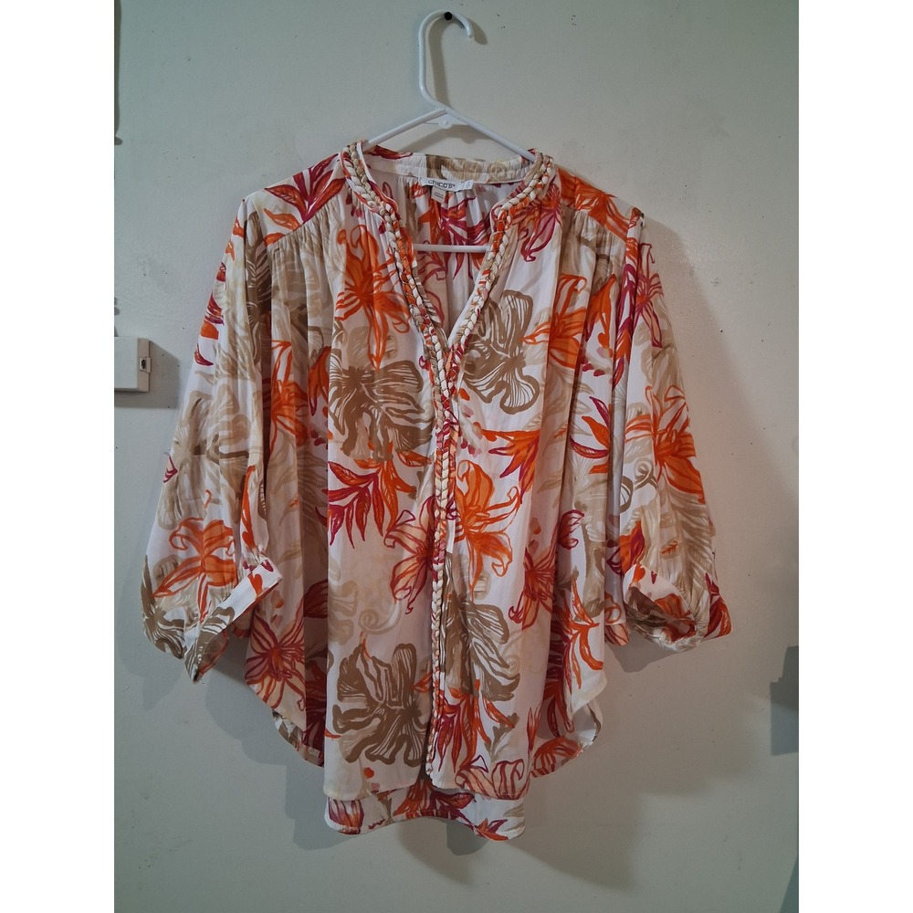 Chicos Womens 0 Small Tropical Floral Braided Neck 3/4 Sleeve Blouse Orange Top